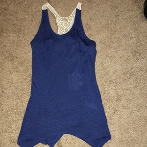 Navy blue halter top with lace back accent